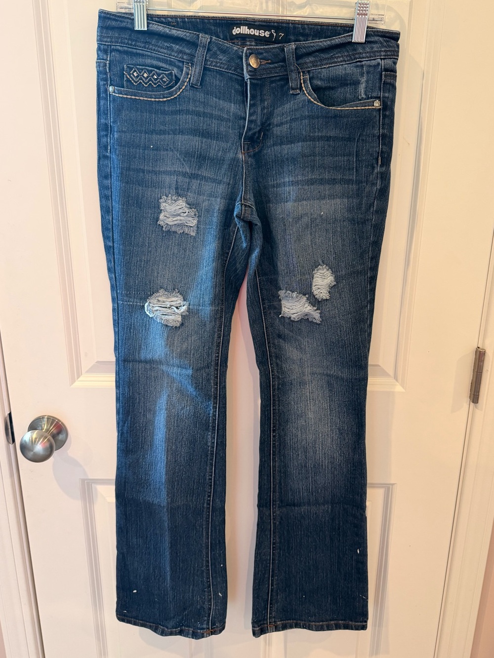 Dollhouse Blue Distressed and Paint Splatter Bootcut Jeans Size 7